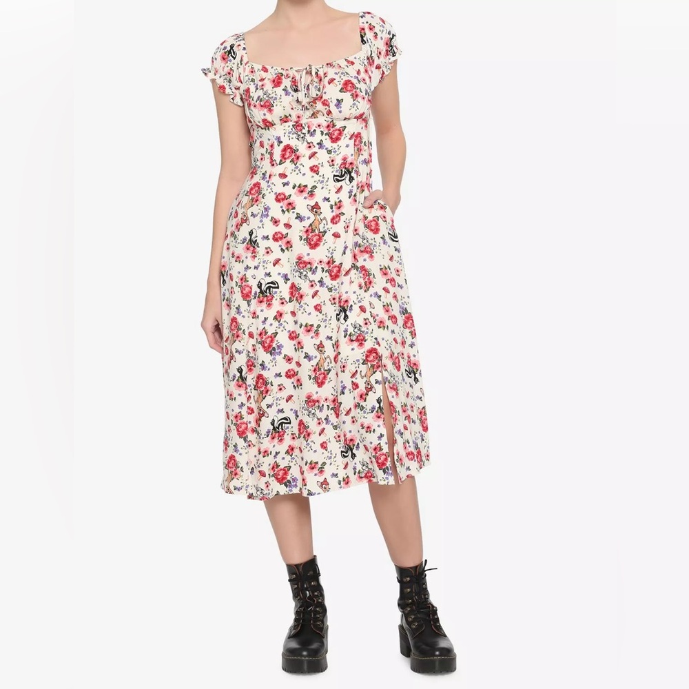 DISNEY BAMBI Floral PUFF SLEEVE MIDI DRESS! Thumper Flower Lace Up Mushrooms NWT - Picture 5 of 7